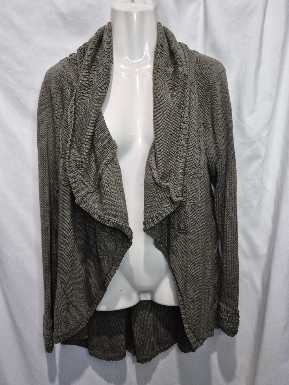 Pure Handknit NWT M/L Crochet Back Draped Cardigan Olive Boho Cotton